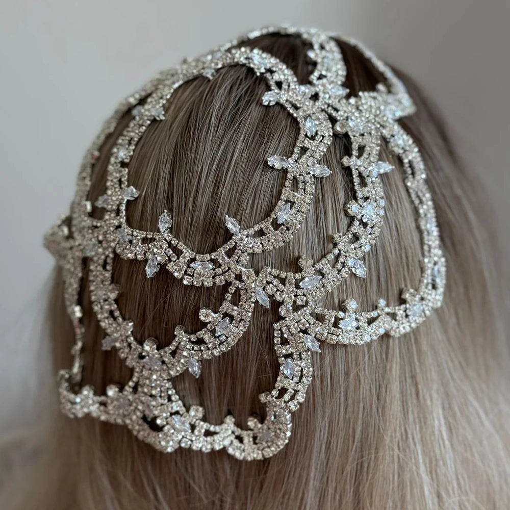 Hollow Flower Rhinestone Flapper Cap Headband Wedding for Women Boho Bridal Rhinestone Hair Chain Headpiece Accessories Gifts