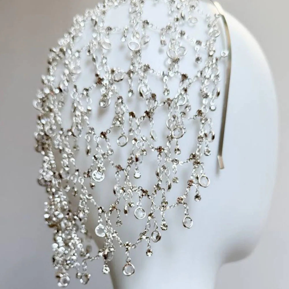 Fashion Hollow Mesh Forehead Headband Tiara Princess for Women Bohemian Bridal Tassel Rhinestone Headpiece Chain Wedding Jewelry